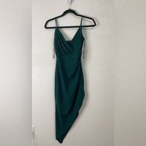 Lovely day dark green asymmetrical spaghetti strap dress